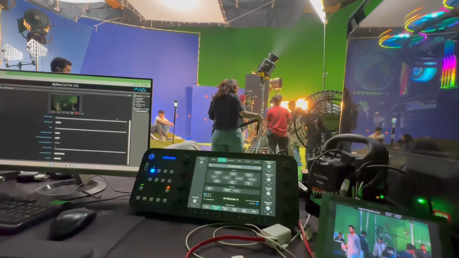 Virtual production control desk with tablet and monitors